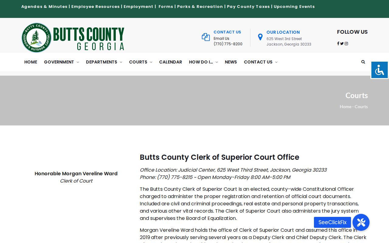 Official Butts County courts directory showing Judicial Center offices