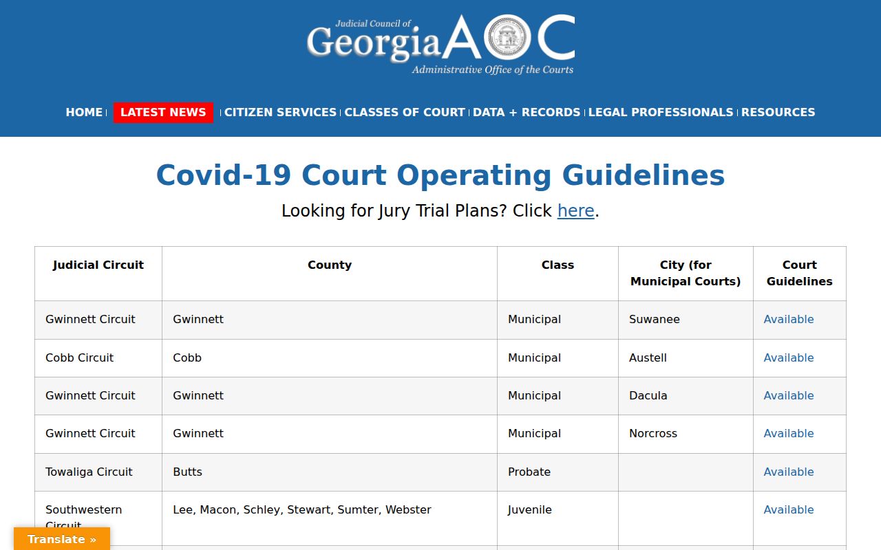 Georgia Courts operating table listing Jenkinsburg Municipal Court